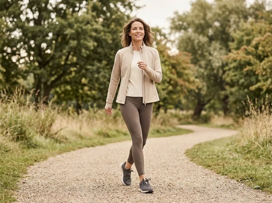 A woman mid-stride on a brisk morning walk outdoors in neutral athletic wear