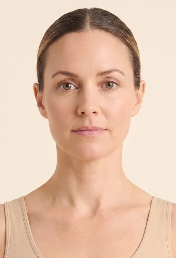 Face and neck. Front-facing photograph of a woman’s head and neck, used as a reference plate for the facial areas the treatment reaches. Marked areas: 1 face, 2 neck.
