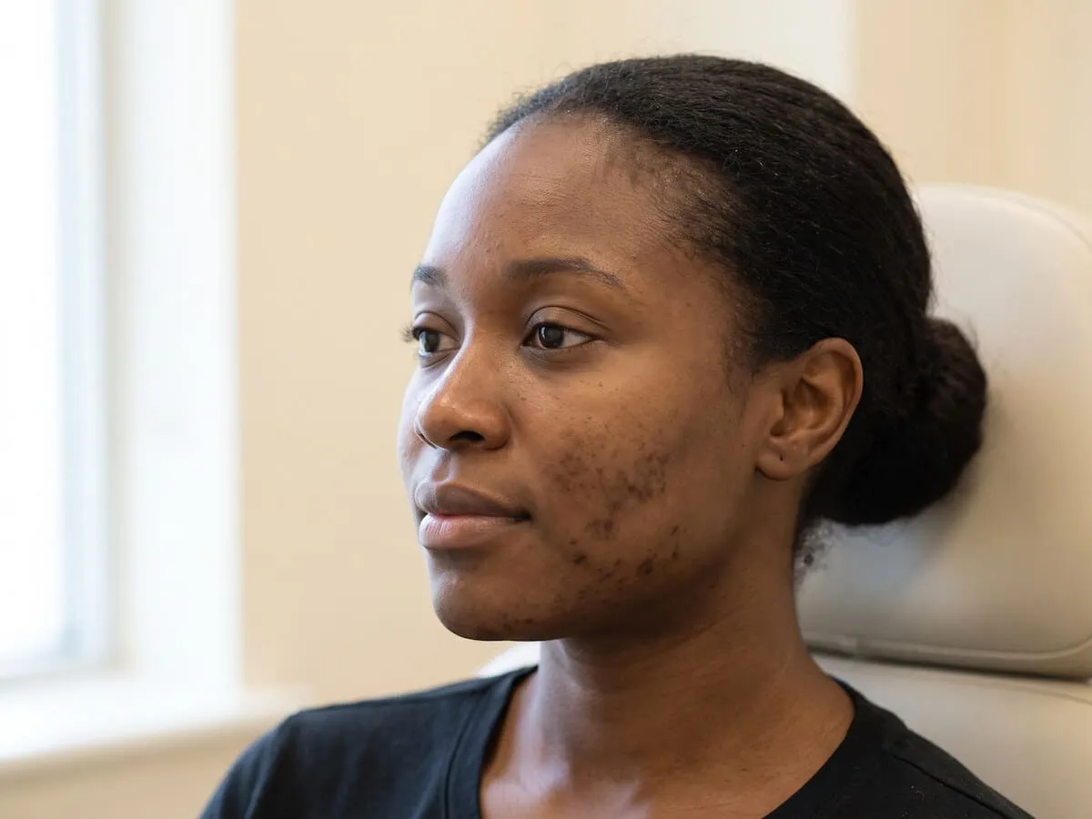 Close view of post-inflammatory hyperpigmentation on a woman's cheek, the darkened marks left behind after acne has healed