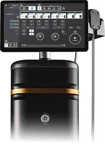 The MNML Tone console's operator panel showing mode select, per-handpiece target temperature, RF and EMS levels and the cooling and vacuum toggles, with an applicator on its hanger
