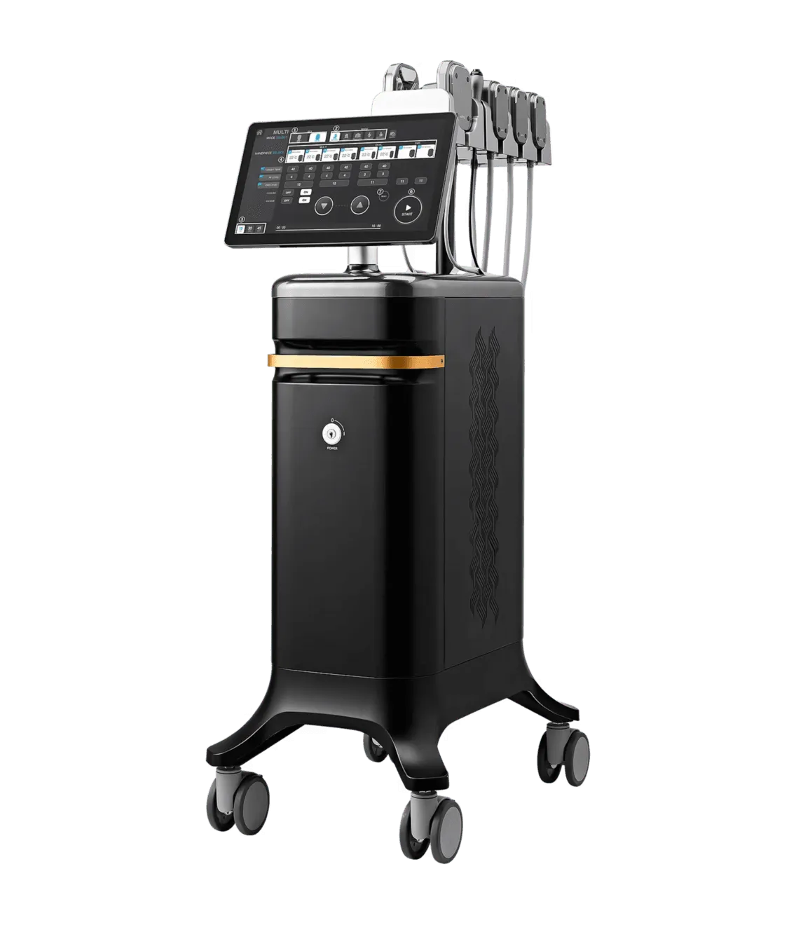 The MNML Tone body contouring console on castors, with its touchscreen raised and four radiofrequency and EMS applicators racked along the side