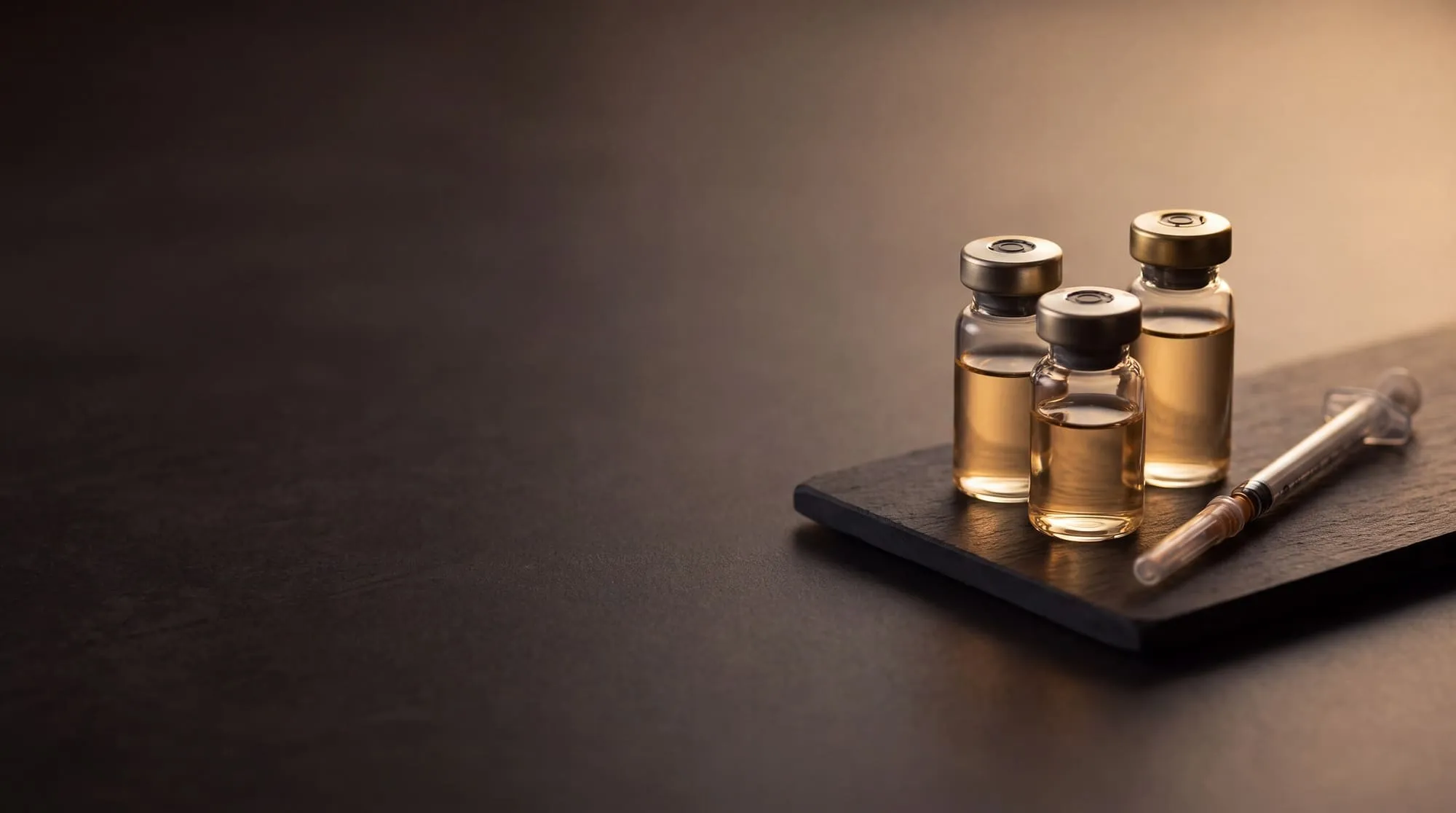 Sealed glass vials on a dark slate clinic tray beside a fine-gauge syringe, prepared for a physician-administered infusion or injection