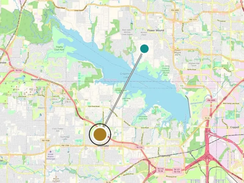 Service-area map showing Flower Mound, TX and the Medrein Health clinic in Southlake, TX, with the route around Grapevine Lake marked. Map data (c) OpenStreetMap contributors