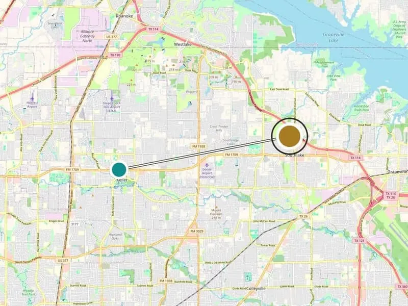 Service-area map: Keller, TX and the Medrein Health clinic in Southlake. Map data (c) OpenStreetMap contributors
