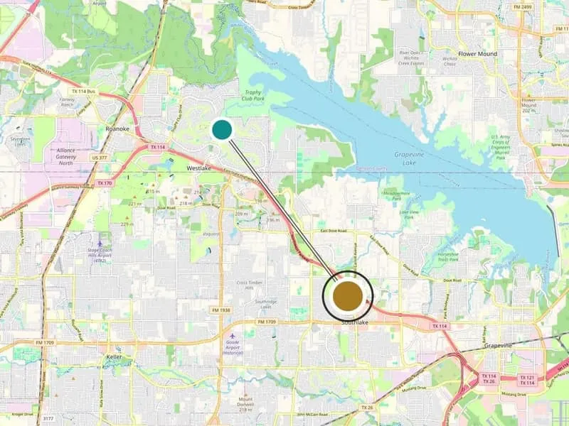 Service-area map: Trophy Club, TX and the Medrein Health clinic in Southlake. Map data (c) OpenStreetMap contributors