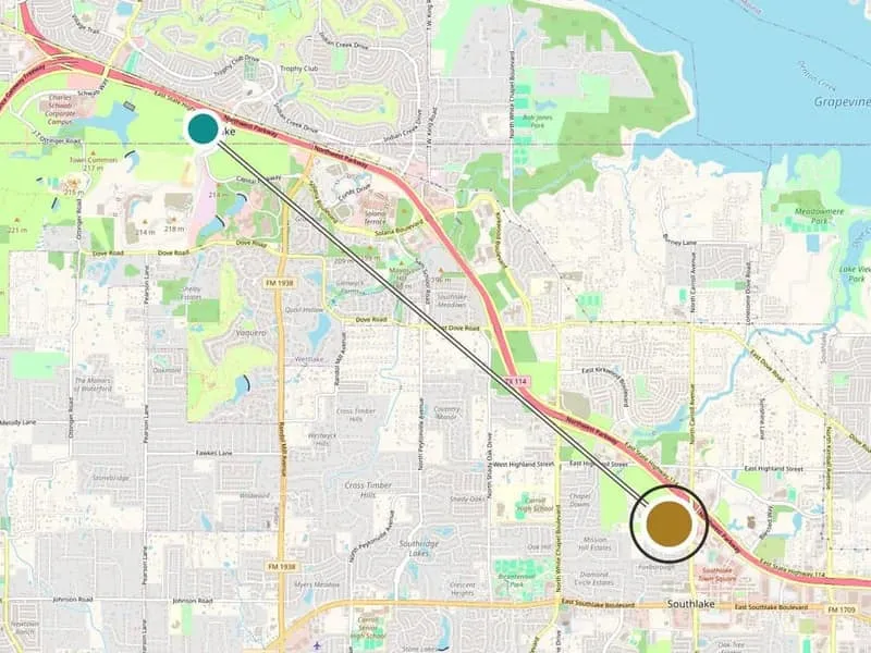 Service-area map: Westlake, TX and the Medrein Health clinic in Southlake, with the drive between them marked. Map data (c) OpenStreetMap contributors