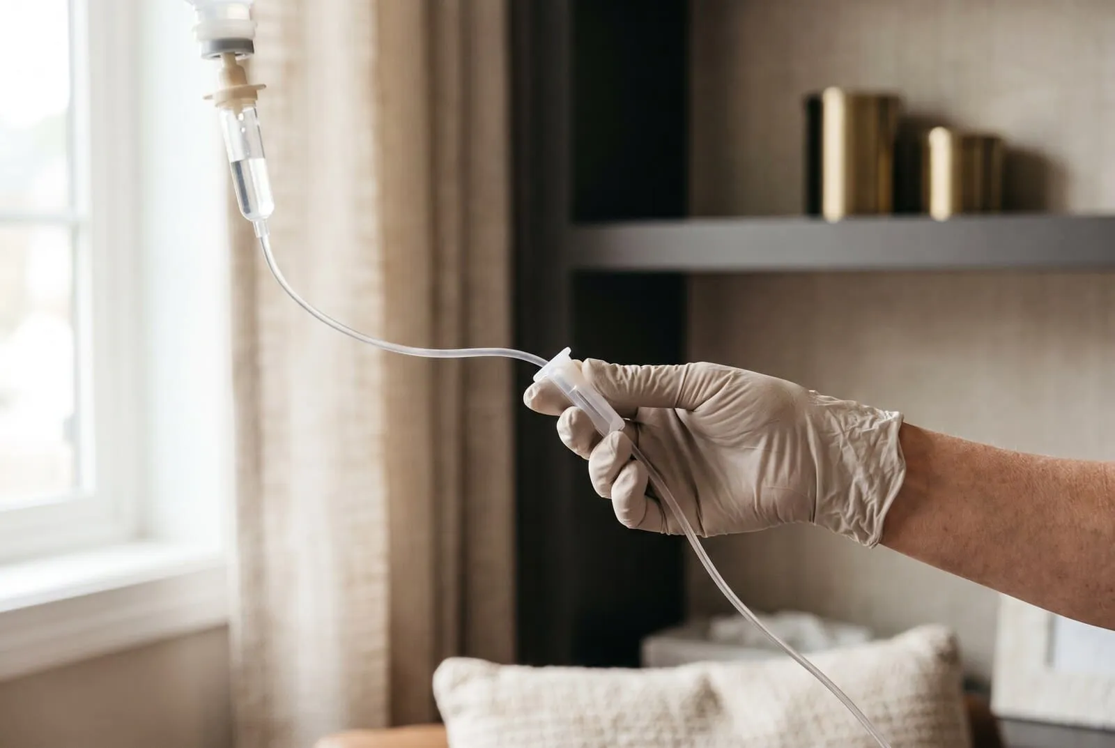 A gloved hand adjusting the roller clamp on a clear intravenous infusion line, the drip chamber above it, in a quiet clinic room