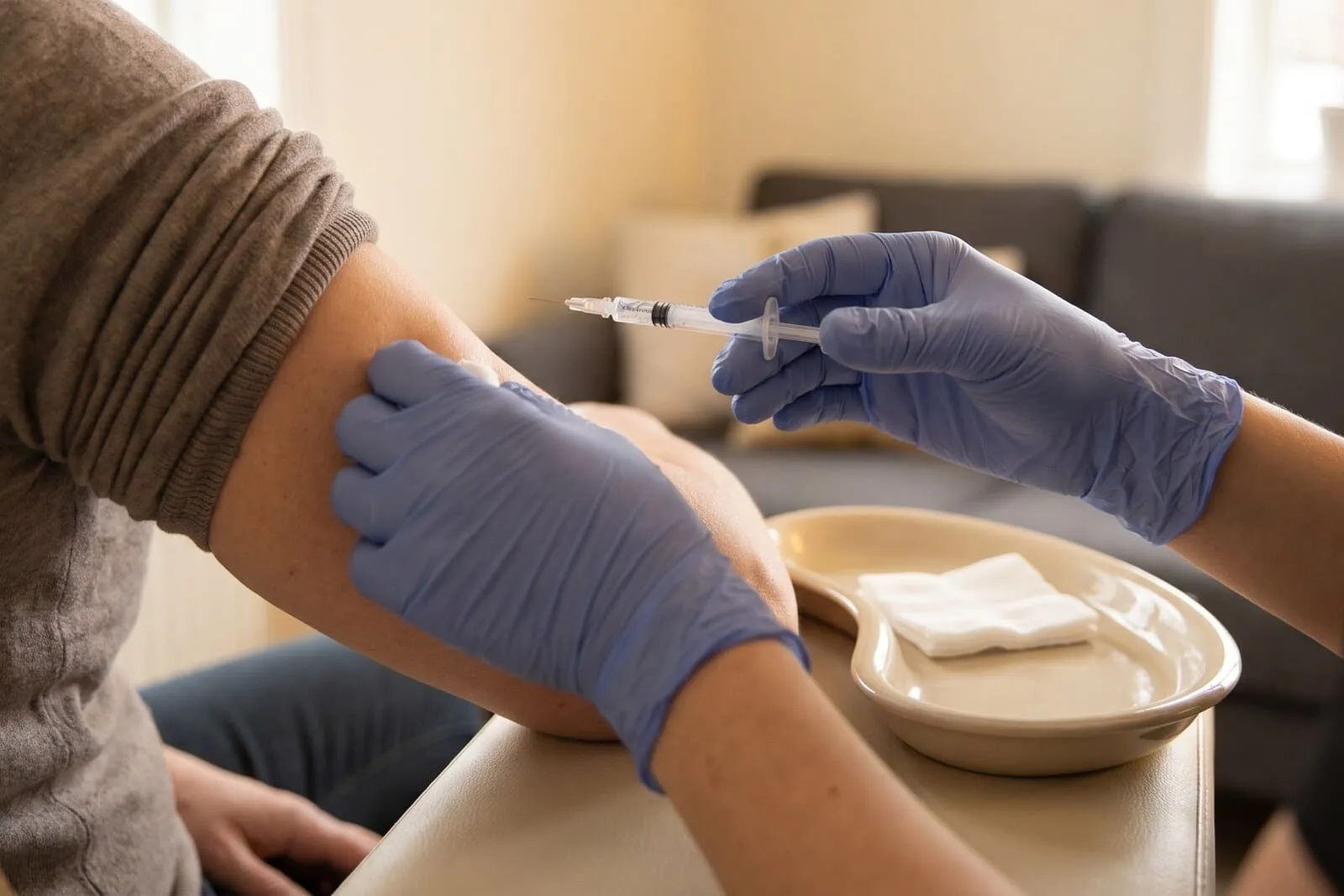 A clinician’s gloved hands holding a fine short-needle syringe against the back of a patient’s upper arm, a cream tray of gauze on the armrest beside them