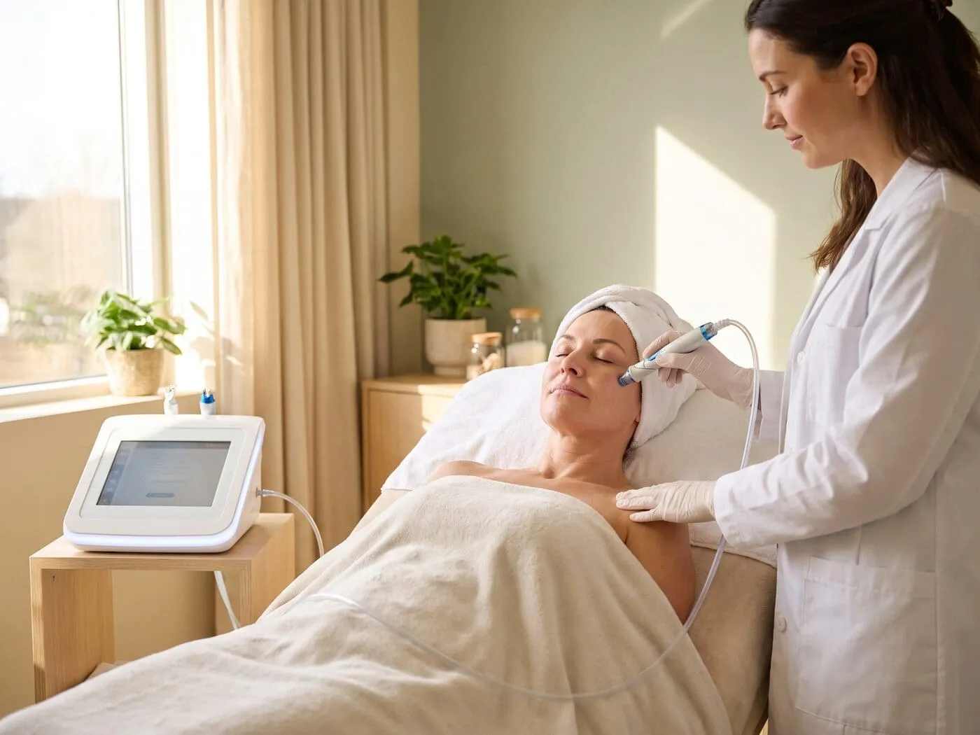 An aesthetician drawing a HydroFacial handpiece across a patient’s cheek, the treatment console running beside the bed