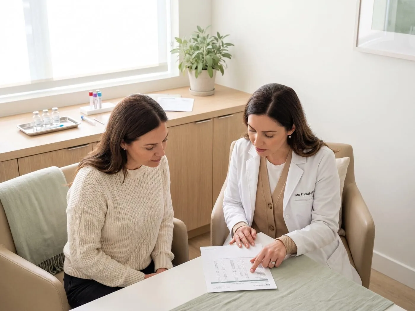 A physician and patient reviewing printed lab results together during a hormone therapy consultation