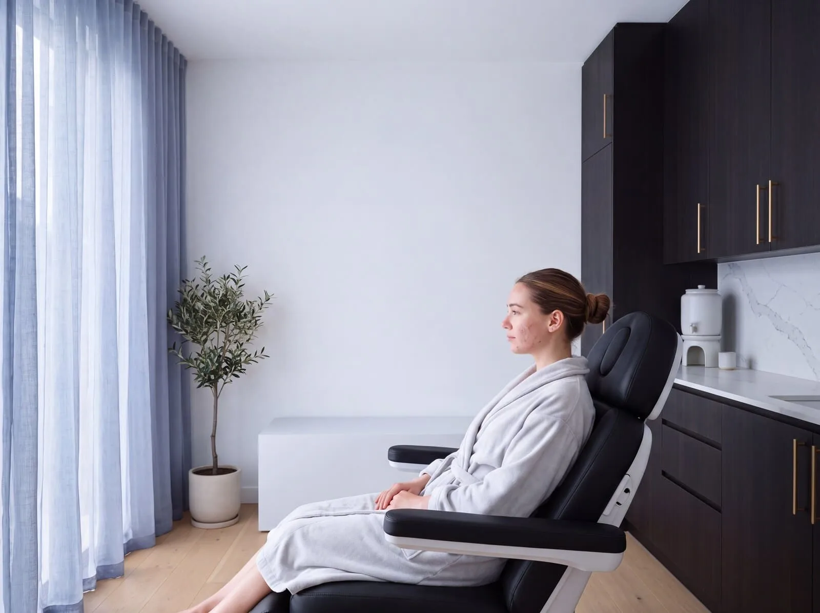 A patient with acne scarring along her cheek and jaw seated in a treatment chair in the bright, cool-white daylit clinic room at Medrein Health in Southlake, TX
