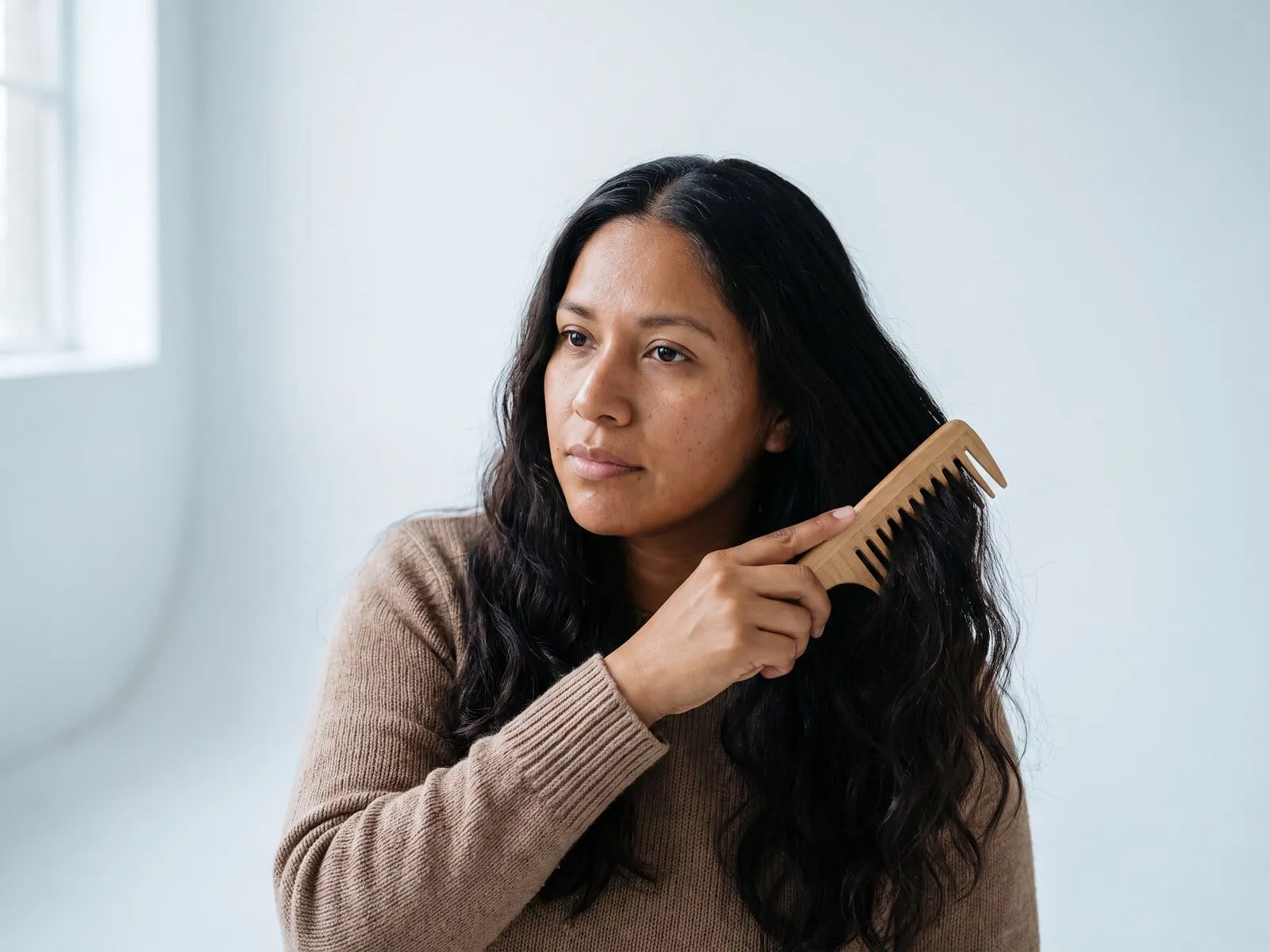 A woman drawing a wide-tooth comb gently through her hair along the part line, the area treated in a PRP or PRF hair restoration session
