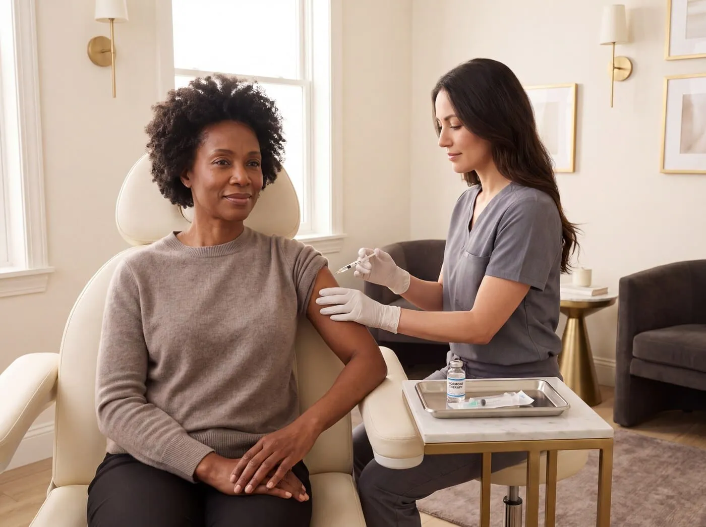 A patient seated in a consult chair with her sleeve rolled up while a clinician in white gloves administers a hormone therapy injection to her upper arm, a tray with a labelled vial beside them