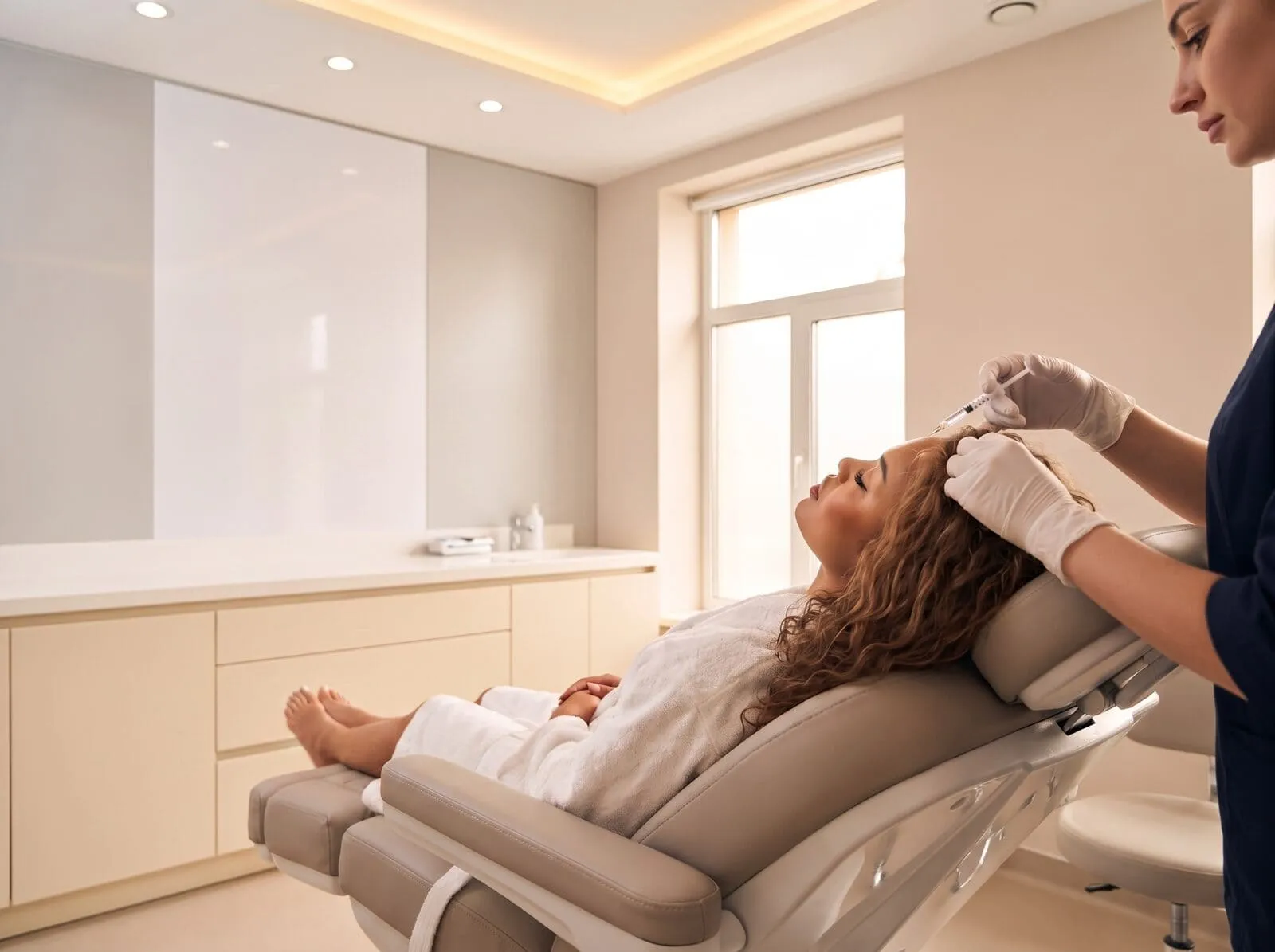 A patient receiving a neurotoxin injection to the brow in a modern treatment room at the Medrein Health clinic in Southlake, TX