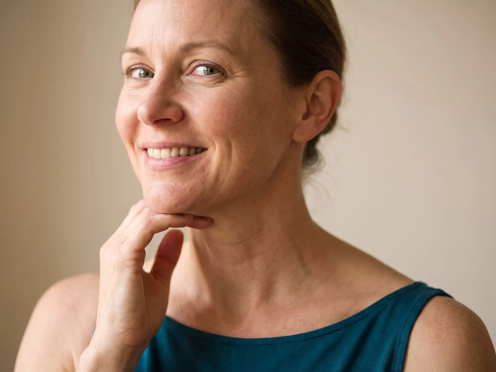 A woman in her forties with her chin lifted and her own fingertips resting along her jaw, the jawline and neck PDO threads are placed in