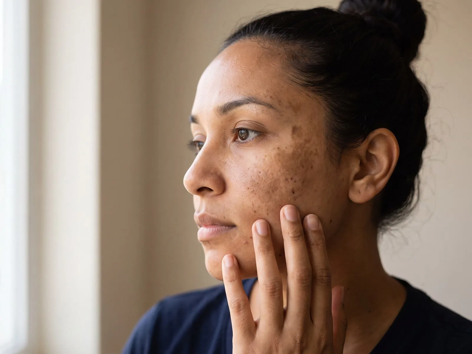 A woman in her late twenties resting her fingertips against her cheek, with uneven pigmentation visible across the cheekbone