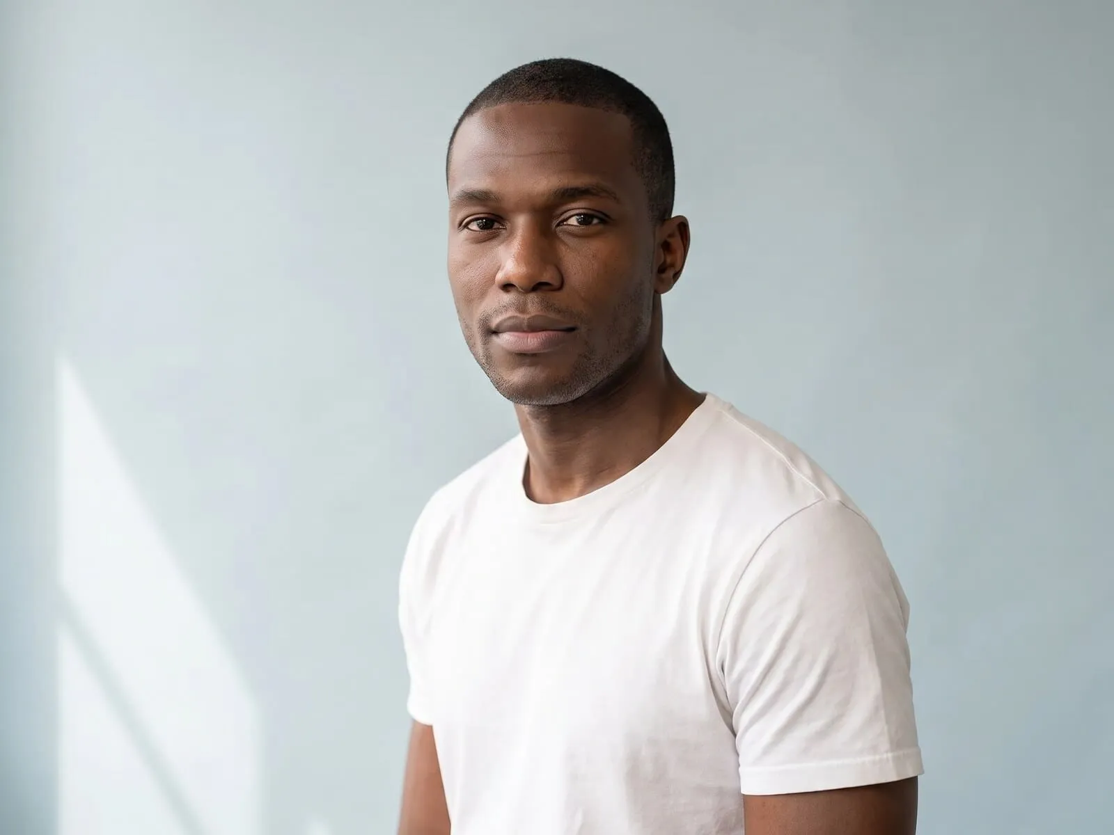 A man in his fifties seated in daylight against a pale blue wall, shoulder and upper arm in frame, the muscle GHRH peptides act on, at Medrein Health in Southlake, TX