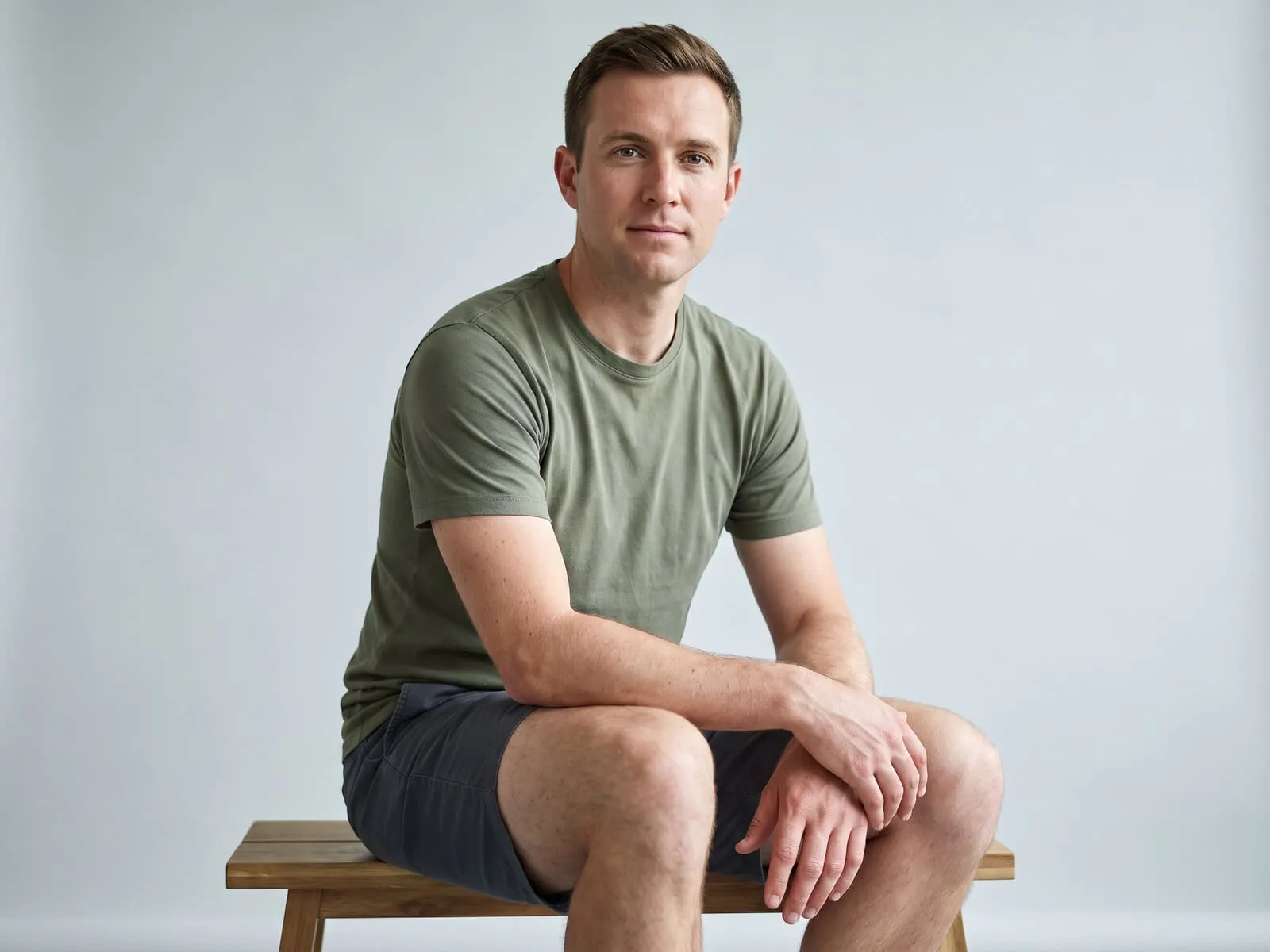 A man in his early thirties seated on a low bench with both of his own hands resting over his knee, the kind of joint repair and healing peptides target, on a pale grey ground