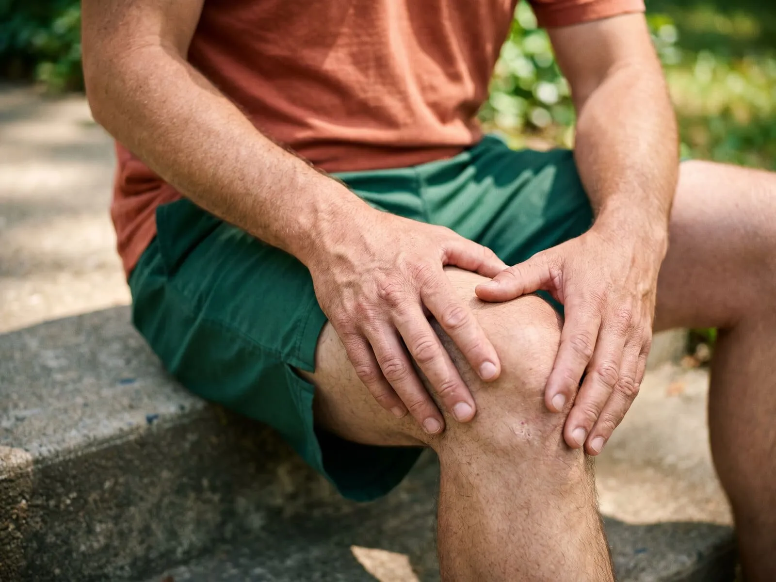 A man in running clothes sitting on a low wall outdoors with both hands resting on a sore knee