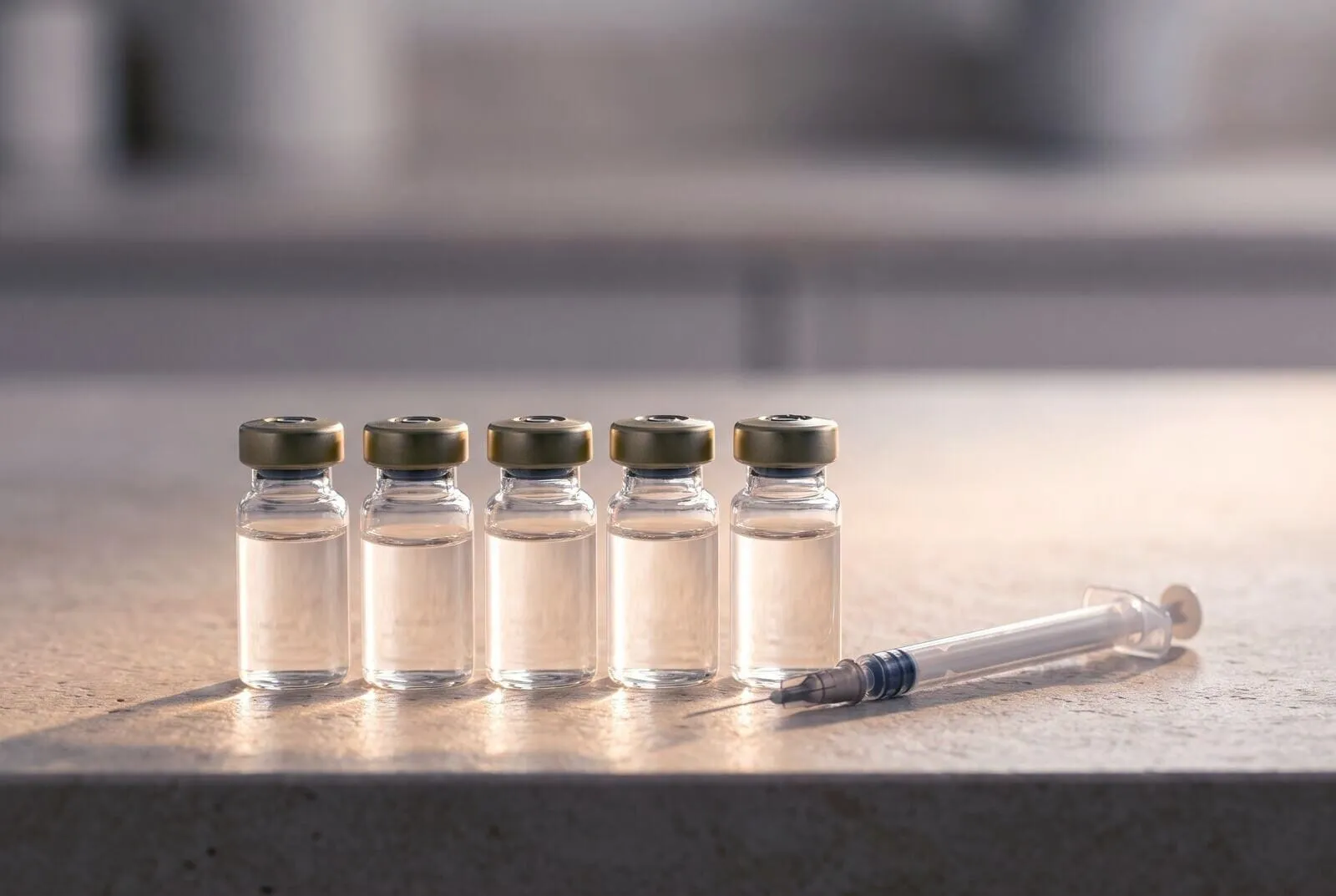 Peptide vials and a fine syringe laid out on a clinic counter