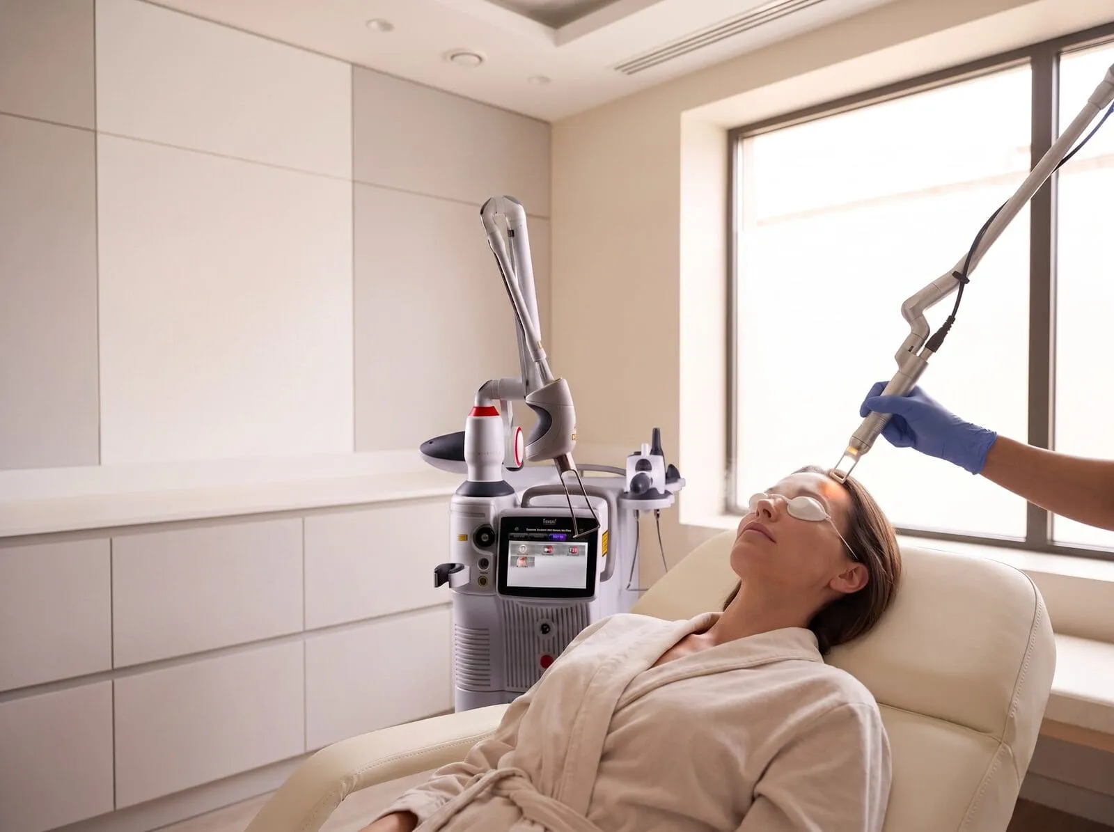 A gloved clinician treating a reclining patient with a handpiece from the Fotona SP Dynamis laser platform at Medrein Health in Southlake, TX